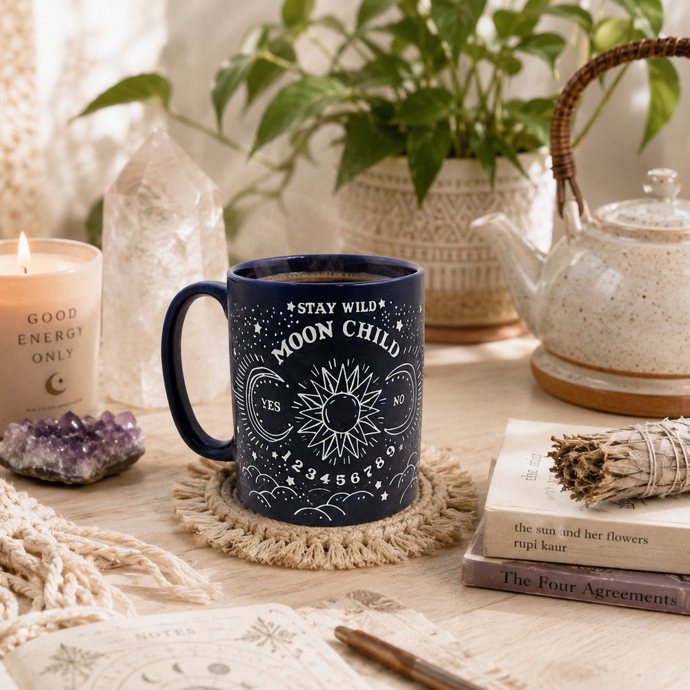 Ceramic 4" Tall Mug New Age Ethereal Moon Child Oracle Celestial Mug Astrology